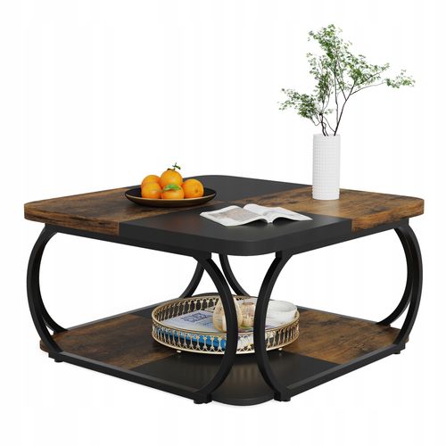 Table Basse Carrée Pour Salon, Table Basse En Bois, Marron Rustique Et Noir