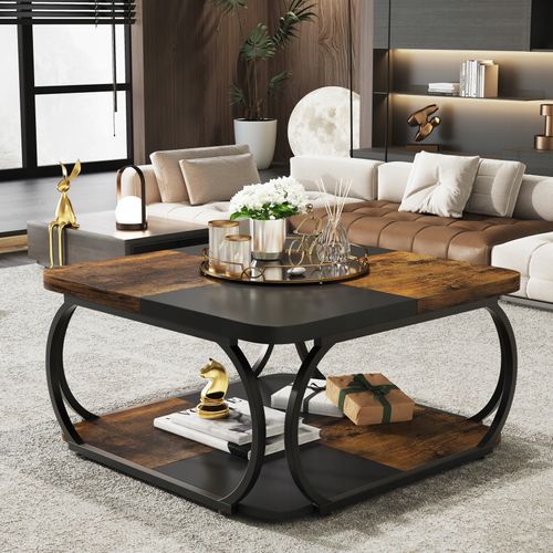 Table Basse Carrée Pour Salon, Table Basse En Bois, Marron Rustique Et Noir