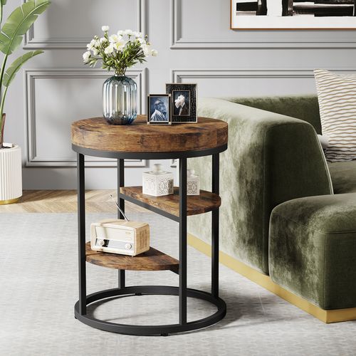 Table D'appoint Ronde, Petite Table D'appoint Avec 3 Étagères De Rangement, Pour La Salon