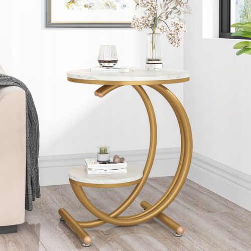 Table D'appoint Ronde Moderne à 2 Niveaux Avec Cadre En Forme De C Pour Salon