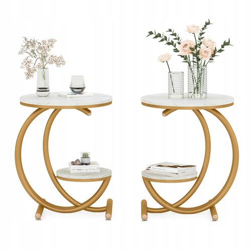 Table D'appoint Ronde Moderne à 2 Niveaux Avec Cadre En Forme De C Pour Salon