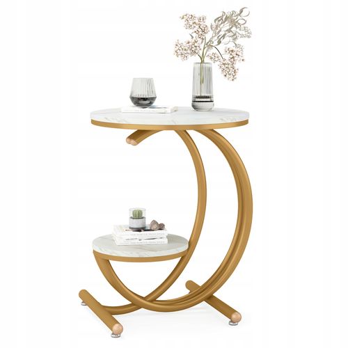 Table D'appoint Ronde Moderne à 2 Niveaux Avec Cadre En Forme De C Pour Salon
