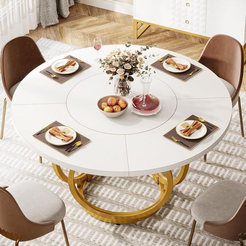 Table à Manger Ronde Pour 4 Pour Cuisine, Salle à Manger Ou Café (118 * 118 Cm, Blanc Et Or)