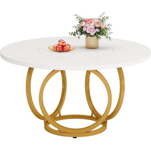 Table à Manger Ronde Pour 4 Pour Cuisine, Salle à Manger Ou Café (118 * 118 Cm, Blanc Et Or)