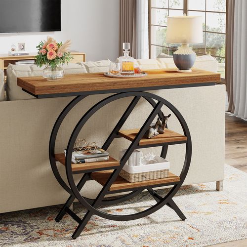 Table Console De 100 Cm Avec Plateau Épais Pour Salon, Entrée, Marron Clair