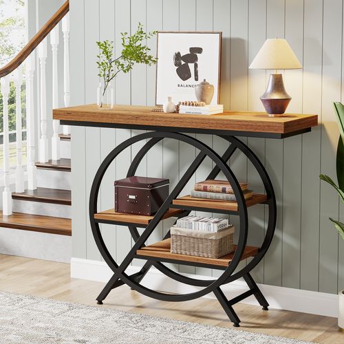 Table Console De 100 Cm Avec Plateau Épais Pour Salon, Entrée, Marron Clair