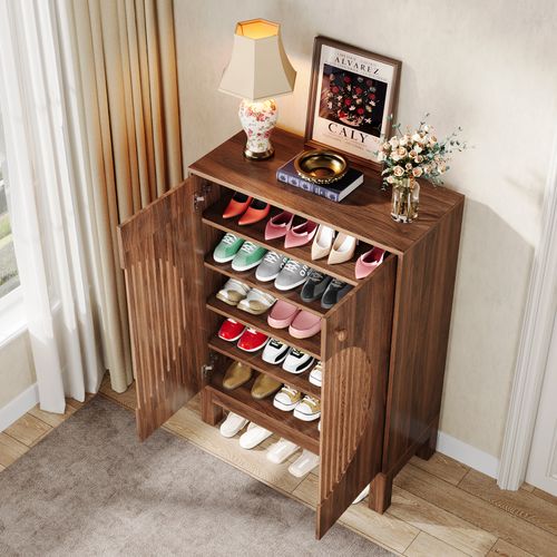 Meuble à Chaussures à 5 Niveaux Avec Portes Rondes à Persiennes, Avec Étagères Réglables