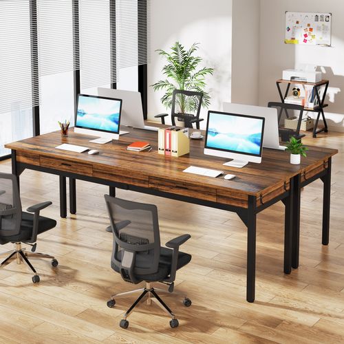 Bureau Informatique, Table D’étude, Double Bureau Long Avec 2 Schubladen, Marron Rustique