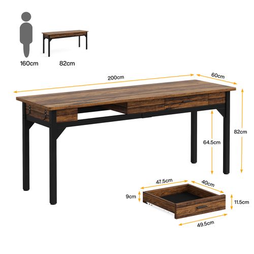 Bureau Informatique, Table D’étude, Double Bureau Long Avec 2 Schubladen, Marron Rustique