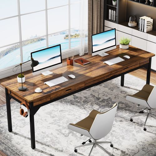 Bureau Informatique, Table D’étude, Double Bureau Long Avec 2 Schubladen, Marron Rustique