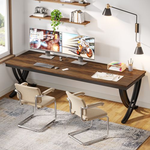 Bureau Informatique, Table D'ordinateur Portable, Double Bureau Long 200 X 70 Cm, Marron Rustique