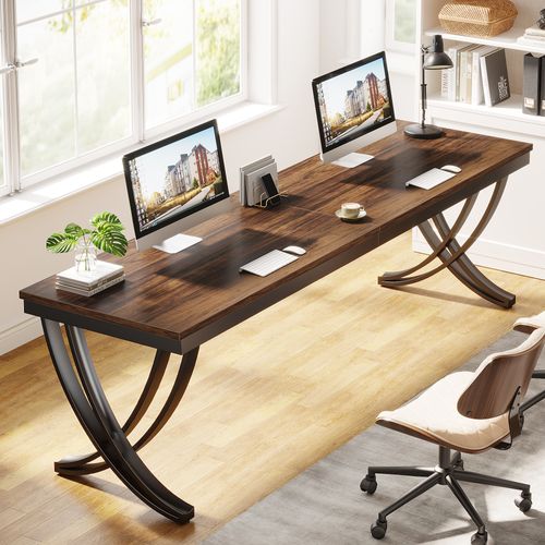 Bureau Informatique, Table D'ordinateur Portable, Double Bureau Long 200 X 70 Cm, Marron Rustique