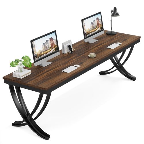 Bureau Informatique, Table D'ordinateur Portable, Double Bureau Long 200 X 70 Cm, Marron Rustique