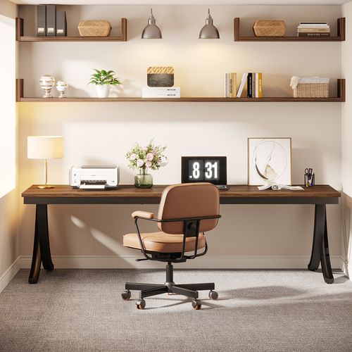 Bureau Informatique, Table D'ordinateur Portable, Double Bureau Long 200 X 70 Cm, Marron Rustique