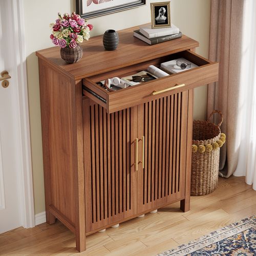 Armoire à Chaussures Étroite à 5 Étages Avec Portes à Lamelles Et Tiroir, 80 X 36 X 110 Cm, Marron