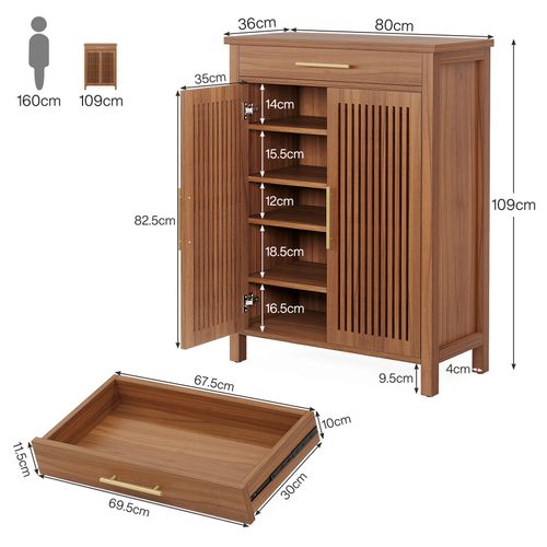 Armoire à Chaussures Étroite à 5 Étages Avec Portes à Lamelles Et Tiroir, 80 X 36 X 110 Cm, Marron