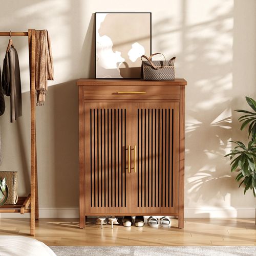 Armoire à Chaussures Étroite à 5 Étages Avec Portes à Lamelles Et Tiroir, 80 X 36 X 110 Cm, Marron