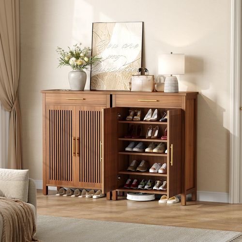 Armoire à Chaussures Étroite à 5 Étages Avec Portes à Lamelles Et Tiroir, 80 X 36 X 110 Cm, Marron