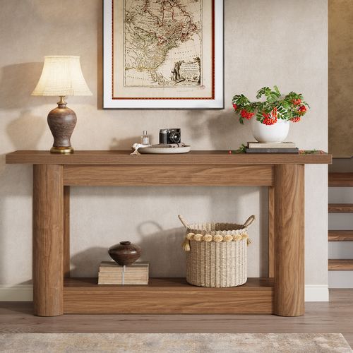 Table Console De 160 Cm, 2 Niveaux De Long, Table De Couloir Avec Rangement, Marron Rustique