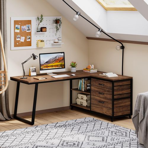 Bureau D'ordinateur En Forme De L Avec 3 Tiroirs, Marron Rustique
