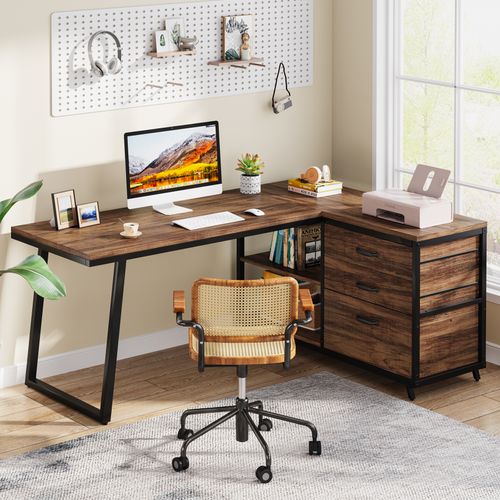 Bureau D'ordinateur En Forme De L Avec 3 Tiroirs, Marron Rustique