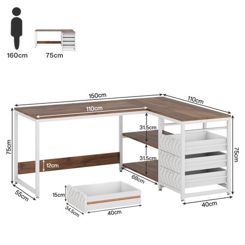 Bureau D'angle Réversible En Forme De L Avec 4 Tiroirs, 155 X 110 X 75 Cm, Noyer Et Blanc