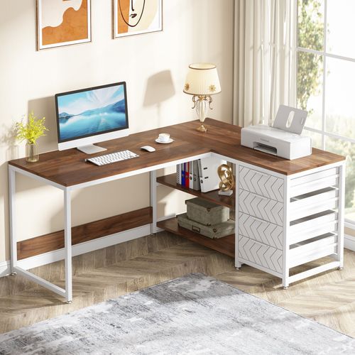 Bureau D'angle Réversible En Forme De L Avec 4 Tiroirs, 155 X 110 X 75 Cm, Noyer Et Blanc