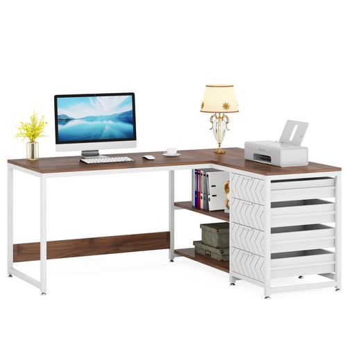 Bureau D'angle Réversible En Forme De L Avec 4 Tiroirs, 155 X 110 X 75 Cm, Noyer Et Blanc