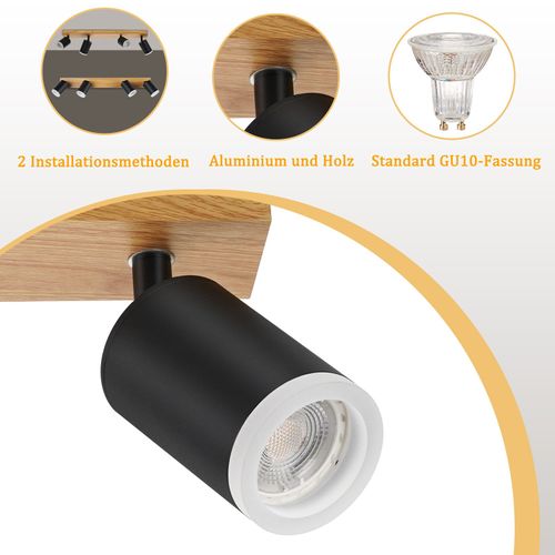 Plafonnier Spot De Plafond 4 Flammes Plafonnier Bois Gu10 355° Orientable Noir Vintage Industriel