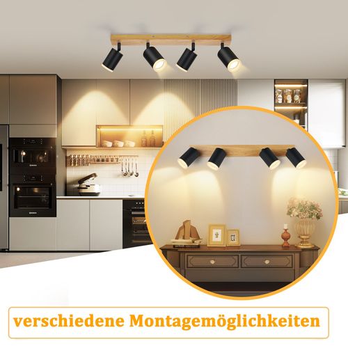 Plafonnier Spot De Plafond 4 Flammes Plafonnier Bois Gu10 355° Orientable Noir Vintage Industriel