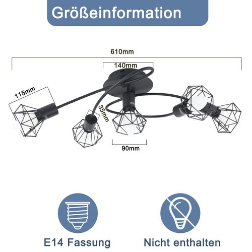 Plafonnier LED E14 Plafonnier Noir 5 Ampoules Industriel Orientable 350° Spot Rétro Vintage