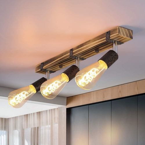 3 Spots E27 Max.25w 55 Cm Plafonniers Vintage Spot En Bois Avec Lampe Orientable Et Orientable Pour