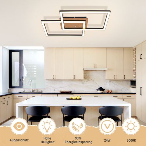 Plafonnier LED Moderne Plafonnier Bois 3000k Blanc Chaud Noir Rectangle Design 24w