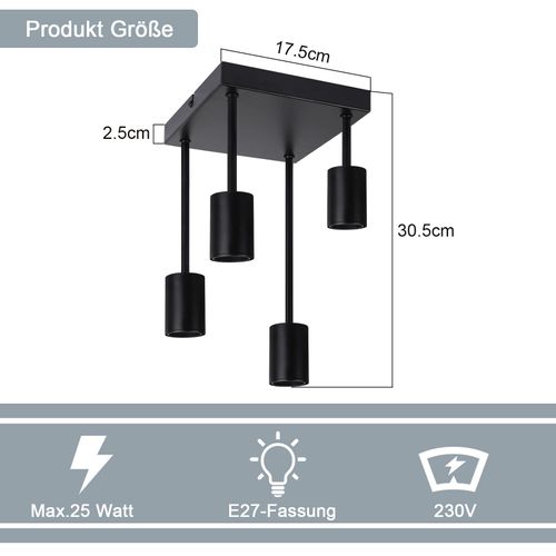 Plafonnier Plafonnier Noir Vintage E27 4 Ampoules Rétro Métal Sans Ampoules