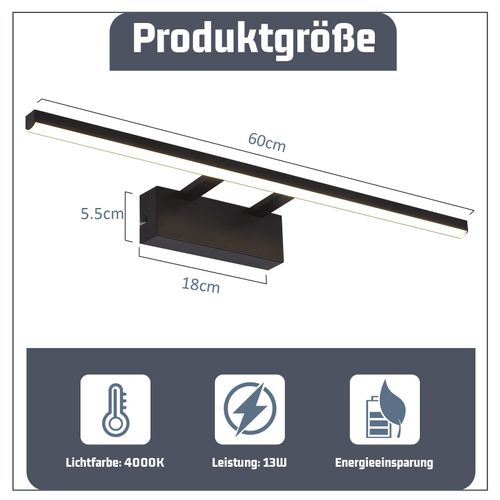 Lampe à Miroir LED Noire 60cm Moderne 4000k Salle De Bain Lampe à Miroir Murale