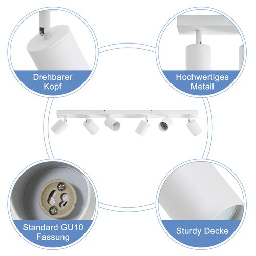 Spot De Plafond Salon Blanc 6 Flammes Gu10 Orientable 350°, Sans Ampoule