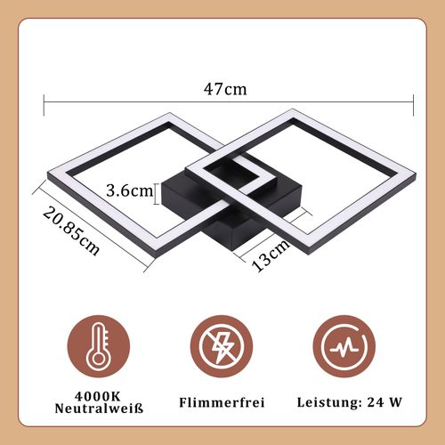 Plafonnier LED Carré Noir 24 W 4 000 K Blanc Neutre Lampe De Cuisine Moderne