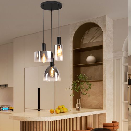 Lampe à Suspension Pour Table à Manger Vintage En Verre Gris Fumé E27 Réglable En Hauteur Pour Salon