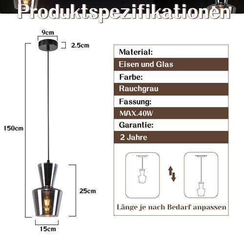 Lampe à Suspension Pour Table à Manger Vintage En Verre Gris Fumé E27 Pour Salon Ou Cuisine