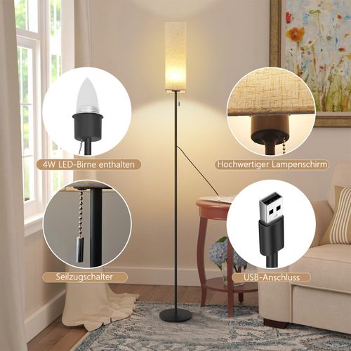 Lampadaire LED à Intensité Variable Rétro Abat-jour En Tissu Pour Salon Avec Interrupteur à Tirette