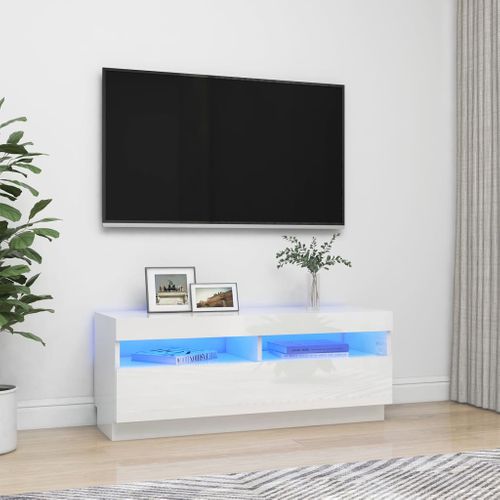 Meuble TV Avec Lumières LED Blanc Brillant 100x35x40 Cm