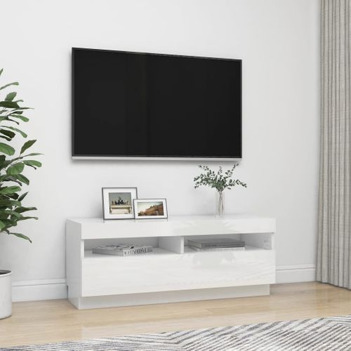 Meuble TV Avec Lumières LED Blanc Brillant 100x35x40 Cm