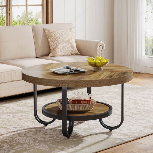 Table Basse Ronde Pour Salon, Table Centrale à 2 Niveaux Avec Étagère De Rangement