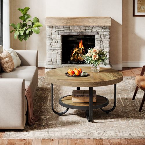 Table Basse Ronde Pour Salon, Table Centrale à 2 Niveaux Avec Étagère De Rangement