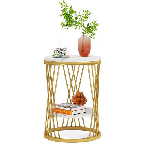 Table D'appoint Ronde Blanche Et Dorée Avec Étagères En Faux Marbre, Table De Chevet à 2 Niveaux