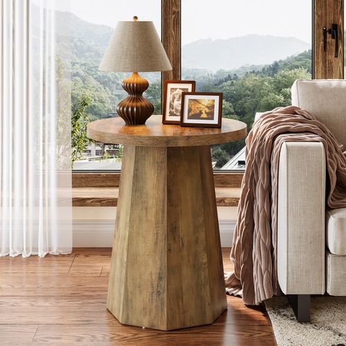 Table D'appoint Ronde En Bois Avec Socle Octogonal - Base Rustique Marron