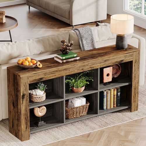 Table Console De 160 Cm De Long, Table D'entrée En Bois Rustique Avec 6 Cubes De Rangement