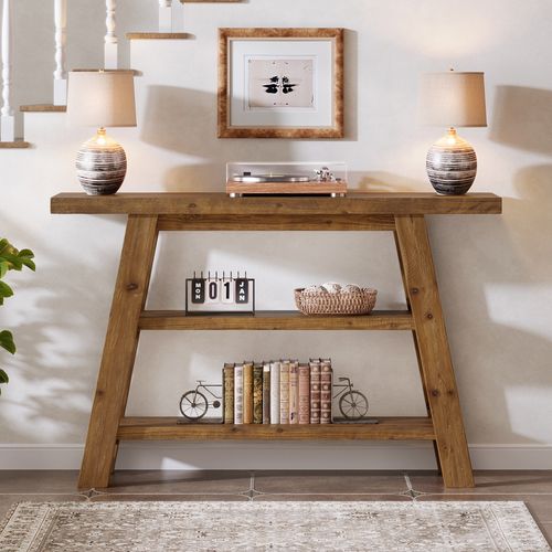 Table Console En Bois Massif De 120 Cm De Long Avec Étagères à 3 Niveaux