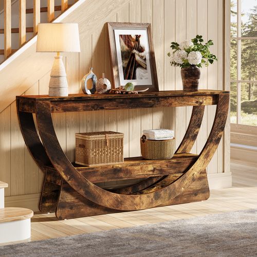 Table Console 160 Cm, Industrielle Table D'entrée à Deux Fermier Avec Étagères De Rangement