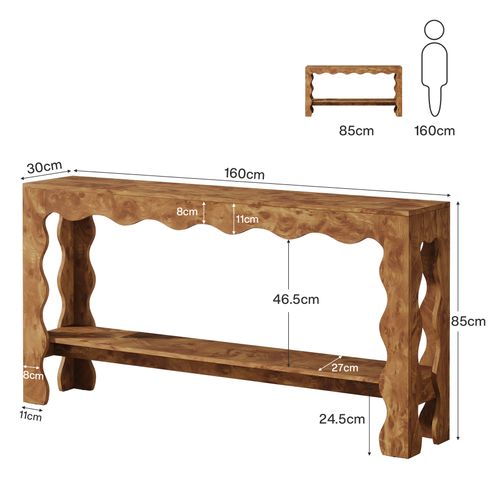 Table Console De 160 Cm, Table D'entrée Étroite à 2 Niveaux Avec Pieds Festonnés